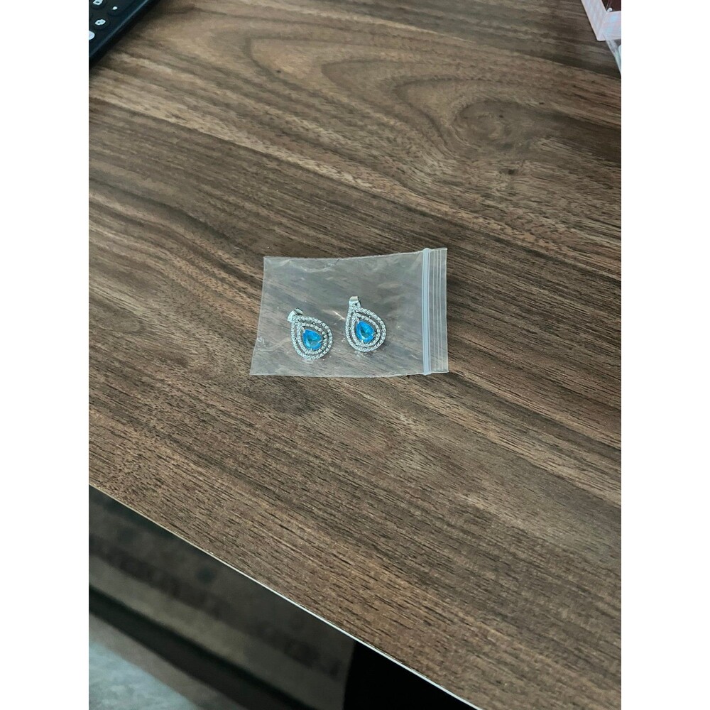 Silver Color Tear Drop Aqua Blue Stone White Stones Formal earrings prom pageant